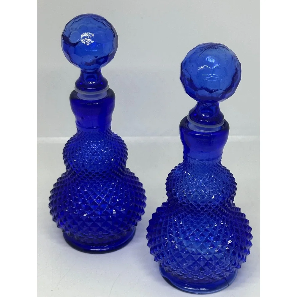 VTG Made In Taiwan Cobalt Blue Glass Decanter Bottles Diamond Point Set of 2